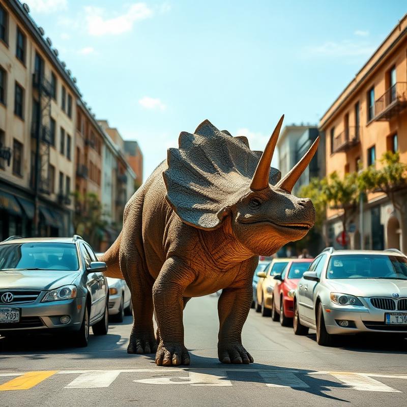 City example with a dinosaur